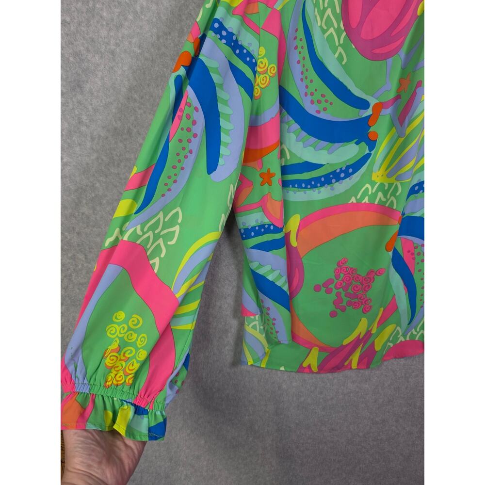 Michelle McDowell Colorful Floral Popover Puff Sleeve Top Sz L Green Office Bold - Picture 14 of 16
